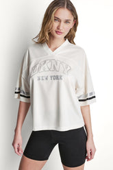 RHINESTONE VARSITY LOGO V-NECK JERSEY