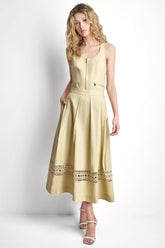 LINEN-BLEND LOOP LACE-TRIMMED PLEATED MIDI SKIRT