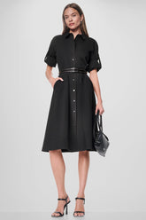 ROLL TAB BELTED POPLIN DRESS