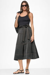 TIE WAIST CONTRAST STITCH MIDI SKIRT