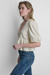 PUFF SLEEVE V-NECK SHIRT