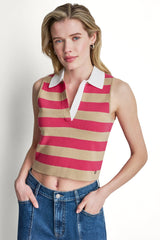 STRIPED SLEVELESS POLO SWEATER