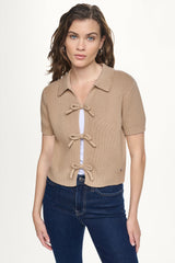 SHORT SLEEVE TIE FRONT POLO SWEATER