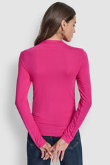 SIDE RUCHED HIGH NECK LONG SLEEVE TOP WITH RHINESTONE
