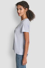 DKNY JEANS SATIN APPLIQUE CHAINSTITCH LOGO CREW NECK TEE