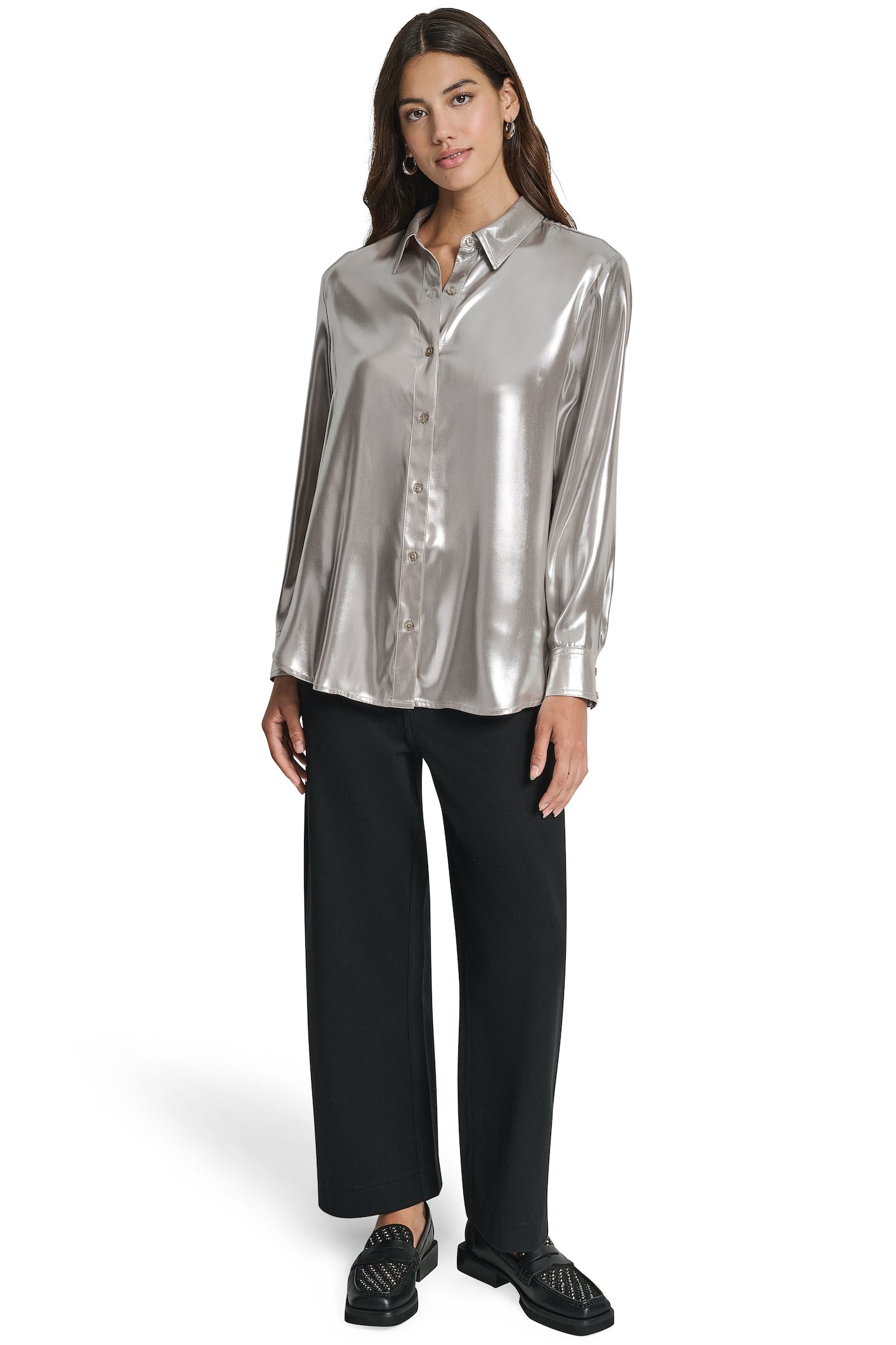 BUTTON FRONT METALLIC BLOUSE