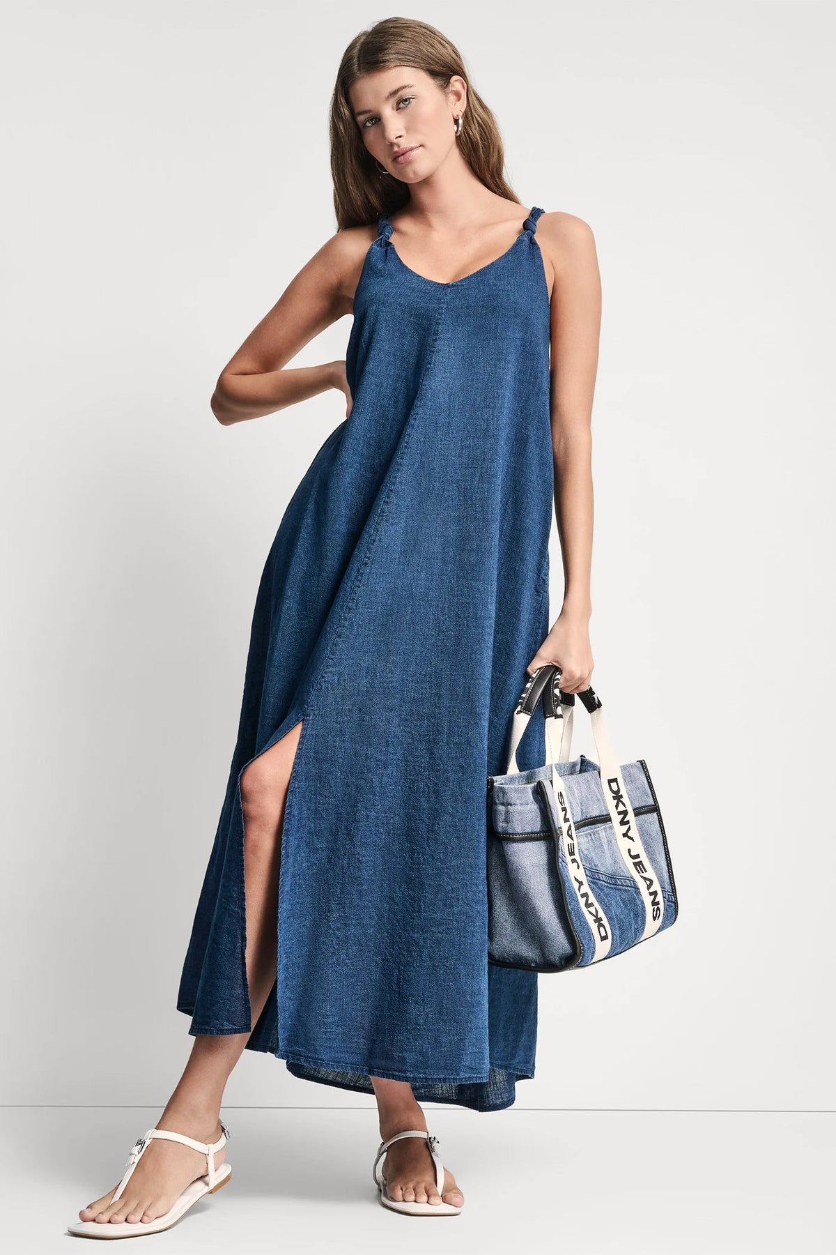 KNOTTED STRAP V-NECK MAXI DRESS