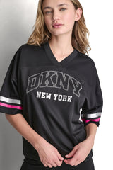 RHINESTONE VARSITY LOGO V-NECK JERSEY